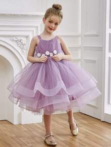 女童无袖3D立体花朵紫色网纱优雅公主裙，适合女孩生日派对、宴会、晚宴、婚礼花童等场合。 - 紫色 - 查看 4