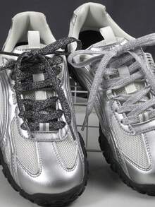 1 Pair Silver Metallic Shoelaces, Suitable For Casual Shoes And Sneakers - Multicolor - View 3