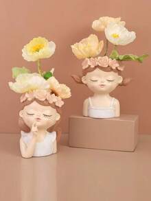 1个女性肖像花盆，可爱脸型多肉植物盆栽，4款闭眼女孩造型花盆，北欧风多肉仙人掌花瓶，桌面书法笔装饰，家居装饰花瓶 - 彩色 - 查看 4