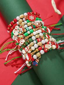 12 Peças Conjunto de Decoração Pendente de Boneco de Neve, Papai Noel, Rena, Chapéu de Papai Noel, Guirlanda de Natal com Argila Macia, Kit de Pulseira com Contas de Vidro Facetado, Adequado para Feriados, Família, Amigos, Combinação Diária