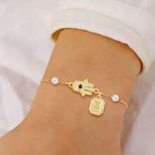 1条新款经典方块字母哈姆萨之手金色珠链手链，女士款 - 金黃色 - 查看 1