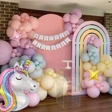 116 件独角兽气球拱门花环套件，带生日快乐横幅独角兽铝箔马卡龙气球，适用于独角兽生日派对装饰用品。婚礼装饰淋浴装饰 - 彩色 - 查看 9