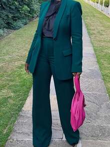 Women's Casual Suit Set With Mandarin Collar Pants, Single Button, Dual Pockets, Comfortable Workwear, Long Sleeve, High Waist Trousers, 2-Piece Suit, Solid Color, Button, Pockets, Office & Daily Wear, Spring, Autumn, Winter - Dark Green - View 2