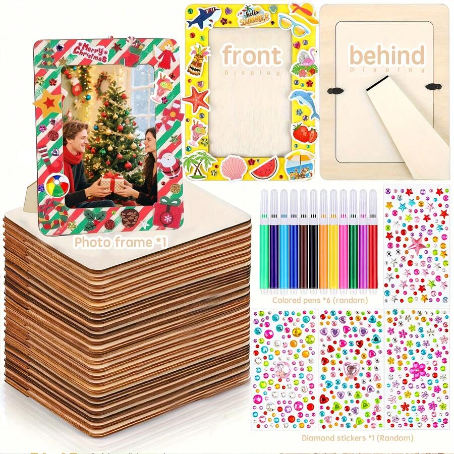 1 قطعة إطار صورة خشبي غير مكتمل، طقم حرفي يشمل إطار خشبي غير مكتمل، 6 أقلام ملونة، 1 ملصق ماس كريستالي لزخرفة الإطار ومشاريع فنية مخصصة، إطار عرض رأسي للمكتب، لوحة غير مكتملة وإطار خشبي زخرفي، ديكور المنزل، مشاريع فنية مخصصة، عرض صور مخصص ومشروع فني هدية لعيد الميلاد والتخرج