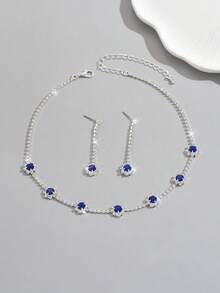 3pcs Set Minimalist Copper Rhinestone Blue Gem Pendant Necklace & Earrings Jewelry Set, Suitable For Formal Wear
