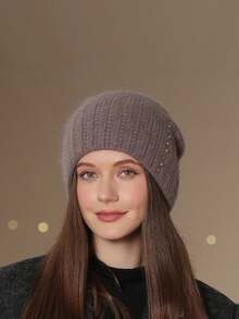 1pc Women's Warm Double-Layer Knitted Hat, Fashionable Pearl Headband Earmuffs Beanie, Thick Knitted Hat For Mothers In Winter