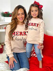 Mommy And Me Matching Christmas Sweatshirts Family Matching Xmas Outfits Long Sleeve Crewneck Let It Snow/Merry Christmas/Merry Bright Letter Print Sweatshirts Pullover Tops Winter Fall Clothes - 卡其色 - 查看 1