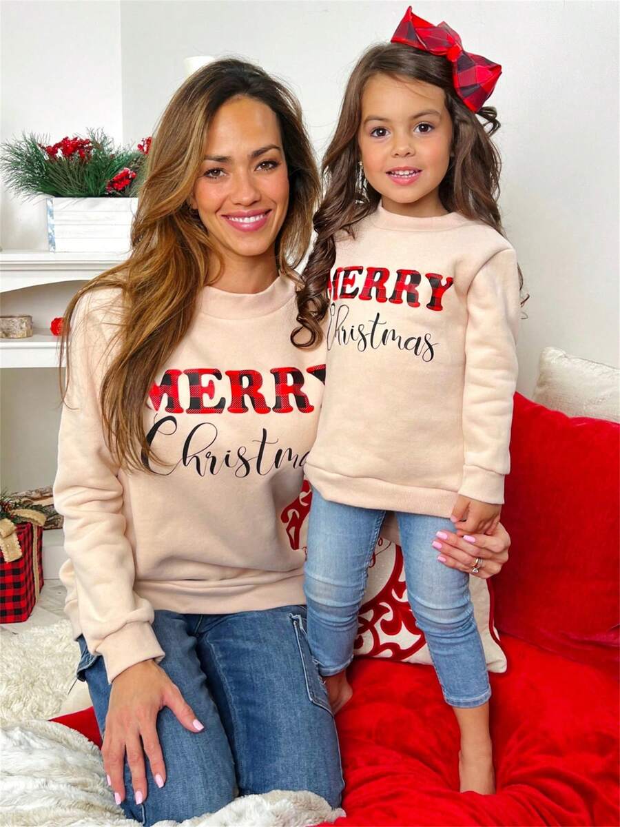 Mommy And Me Matching Christmas Sweatshirts Family Matching Xmas Outfits Long Sleeve Crewneck Let It Snow/Merry Christmas/Merry Bright Letter Print Sweatshirts Pullover Tops Winter Fall Clothes - 卡其色 - 查看 1
