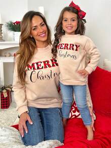 Mommy And Me Matching Christmas Sweatshirts Family Matching Xmas Outfits Long Sleeve Crewneck Let It Snow/Merry Christmas/Merry Bright Letter Print Sweatshirts Pullover Tops Winter Fall Clothes - 卡其色 - 查看 2
