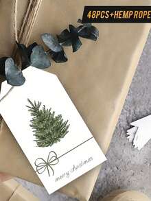 48pcs Christmas Gift Tags With Rope Presenting A Light Background With Watercolor Tree And Bow Design, Perfect For Gift Wrapping, Art Decorating, Seasonal Greetings And More, Evoking Holiday Elegance! - Multicolor - View 5
