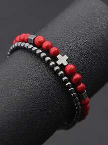 2pcs Men's Bracelet Set, Natural Agate, Hematite, Cross Beaded Bracelet, Featuring Natural Lava, Tiger Eye, Red Pine, Volcano Stone, Vintage Gentleman Style, Suitable For Daily Wear