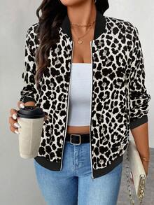 Keke Bloomly New Fashionable Lightweight Comfortable Regular Cardigan Jacket For Plus Size Women, Thin Long Sleeve Zip-Up Casual Leopard Print Baseball Jacket, - Grey - View 4