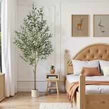 ALUPSSUC Artificial Olive Tree - 5-7FT(60n-84in) Tall Faux Silk Plant With Natural Wood Trunk & Lifelike Fruits - Perfect For Modern Home, Office, Living Room Floor Decor, With White Basin - 橄欖綠 - 查看 7