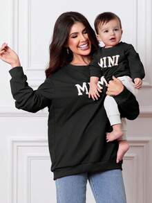Mommy And Me Matching Outfits Christmas/Halloween Sweatshirts Family Matching Xmas Clothes Long Sleeve Crewneck Mama/Mini Letter Print Sweatshirts Pullover Tops Winter Fall Clothes - 黑色 - 查看 1