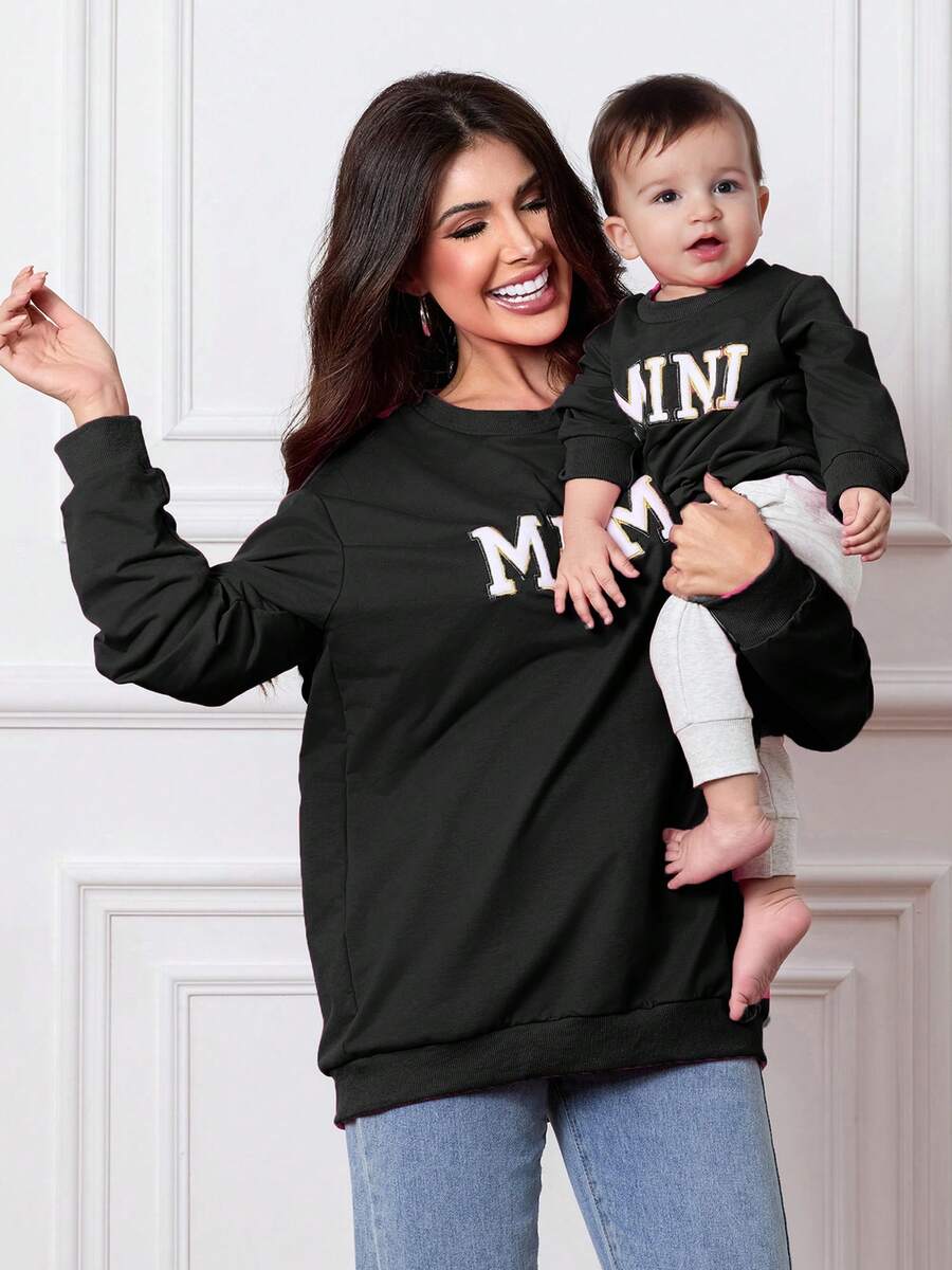 Mommy And Me Matching Outfits Christmas/Halloween Sweatshirts Family Matching Xmas Clothes Long Sleeve Crewneck Mama/Mini Letter Print Sweatshirts Pullover Tops Winter Fall Clothes - 黑色 - 查看 1
