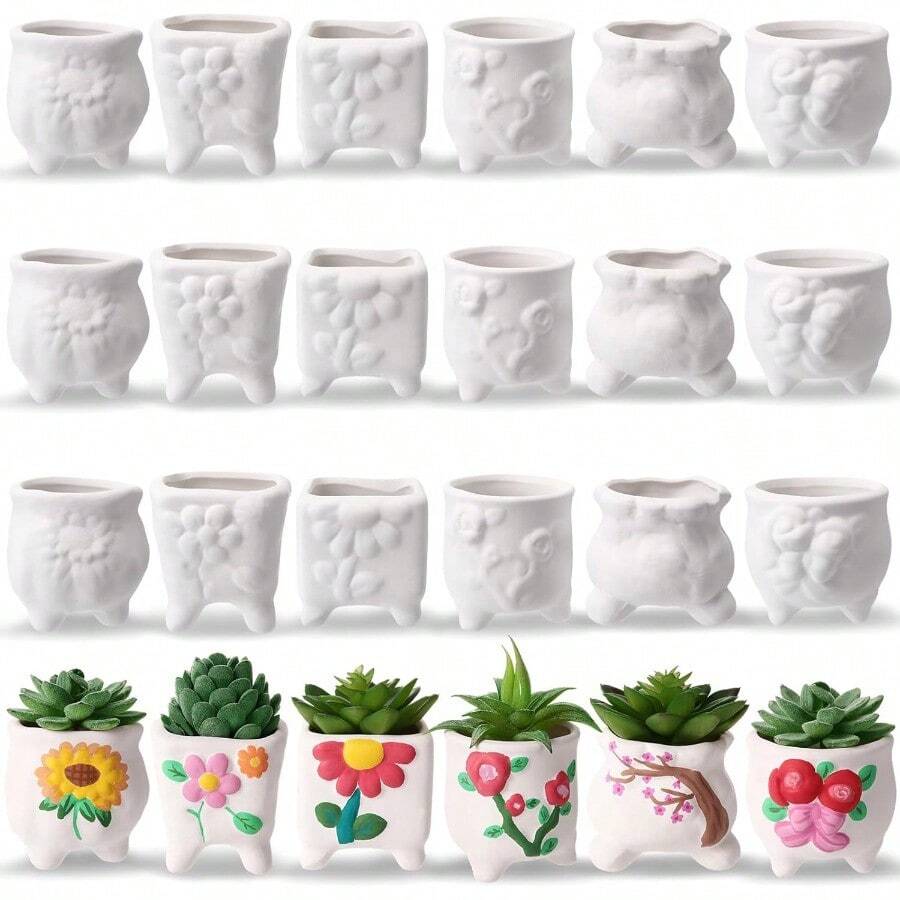 18 Pcs Paint Your Own Ceramic Pot Bulk Back To School Succulent Pots Ready To Paint Small Pot Mini Succulent Planters Pottery Painting Romantic Flowers - White - View 1