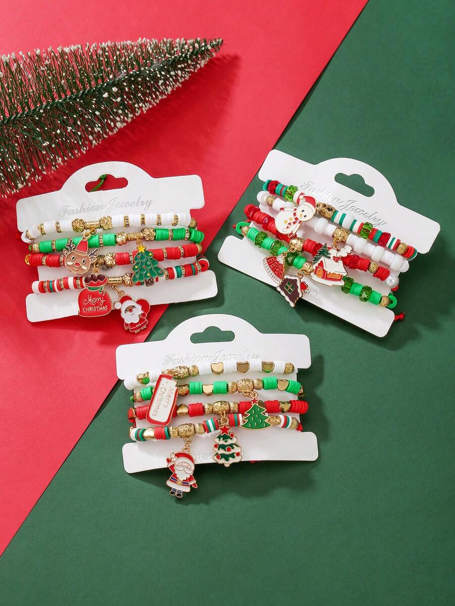 12 peças/Conjunto de Encantos com Tema de Natal incluindo Boneco de Neve, Árvore de Natal, Papai Noel, Rena, Chapéu de Papai Noel, Pingentes de Casa de Neve, Combinados com Contas de Coração de Argila Macia CCB, Conjunto de Pulseira, Adequado para Presentes de Feriado, Família, Amigos e Uso Diário