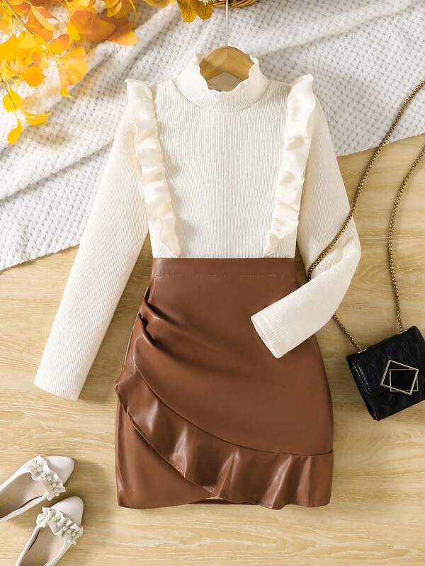 Conjunto De 2 Peças De Blusa De Gola Alta De Manga Comprida Para Meninas Mais Velhas + Minissaia, Outono/Inverno