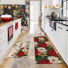 1/2pcs Christmas Floor Mat, Classic White Red Floral And Green Foliage Pattern Kitchen Floor Mat, Christmas Atmosphere Decoration, Kitchen Floor Mat, Room Decoration, Perfect For Dining Room, Hallway, Bathroom, Bedroom And Doorway - Multicolor - View 4