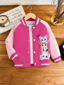 Little Girl Fun Heart Cat Pattern Cartoon Print Jacket, Button Front Design, Comfortable Fabric, Children's Casual Outdoor Everyday Jacket - Hot Pink - View 2