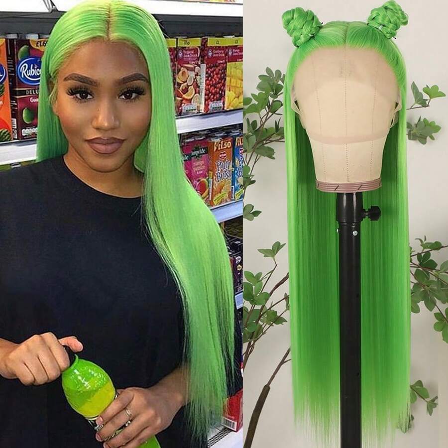 13x4 Free Part Mint Green Long Straight Lace Front Wigs Glueless Long Silky Straight Wigs Pre Plucked HD Lace 180% Density Light Green Wig Soft Free Part Wear And Go Lace Front Wigs For Fashion Women Party & Daily Wear 26 Inch - 綠色 - 查看 1