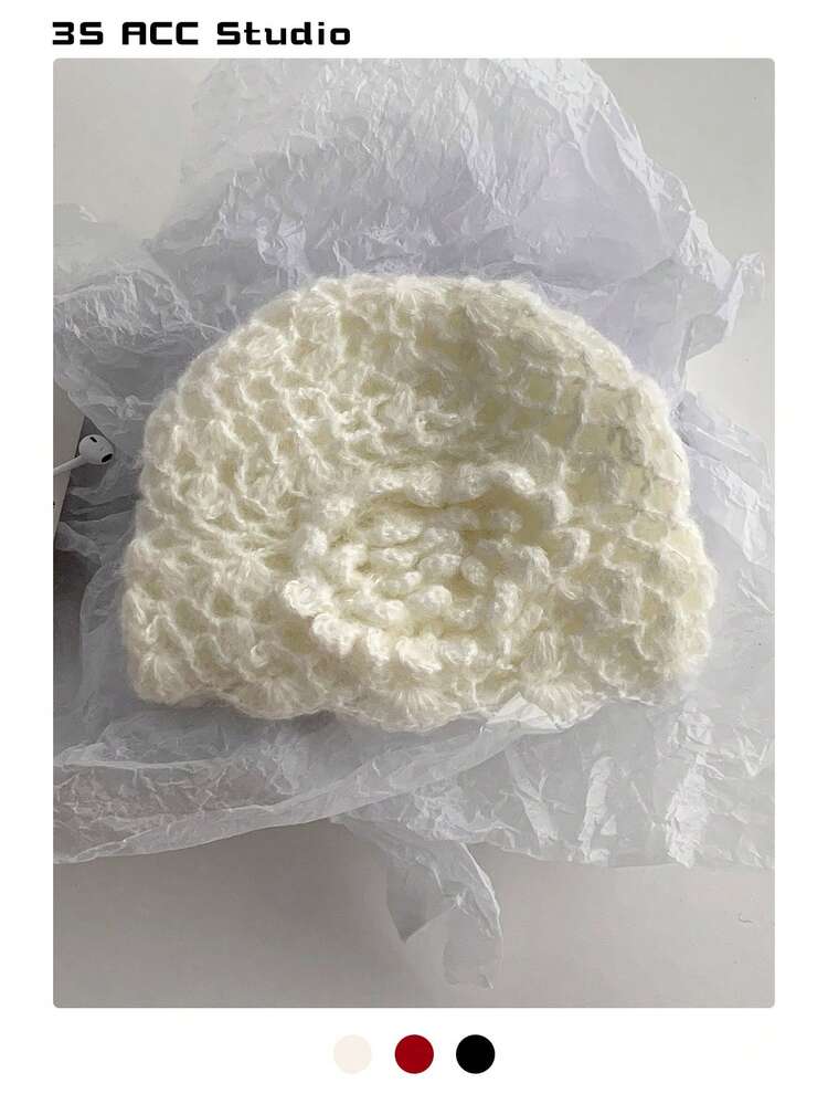 1 件女士纯色 3D 花卉无檐便帽，秋冬保暖针织手工钩针帽，百搭，讨人喜欢，双层法式花卉针织帽 - 彩色 - 查看 15