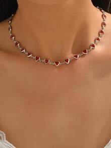 1件优雅时尚红心水钻项链，铜金属吊饰，女士首饰，适合日常佩戴、装饰、派对、音乐节、拍照。手工链条，可剪裁至所需长度。 - 多色 - 查看 1