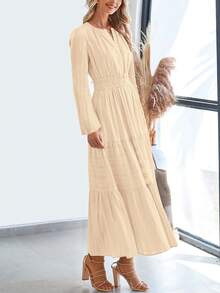 Women Fall Maxi Dresses Long Sleeve High Waist Tiered Flowy A-Line Boho Bohemian Long Dress Beach Holiday Vacation Wedding Guest Valentine Outfit - 杏色 - 查看 4