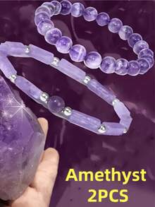 2 piezas Pulsera de cuentas de amatista natural elegante y de moda. Es adecuada para uso diario en todas las estaciones, sirve como un gran regalo y es ideal para apilar. Se cree que alivia la ansiedad y también trae buena suerte y fortuna.