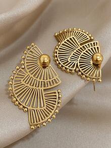 1对复古扇形耳环，几何金色耳钉，不锈钢耳环，女士日常及派对饰品，万圣节及圣诞节礼物 - 彩色 - 查看 2