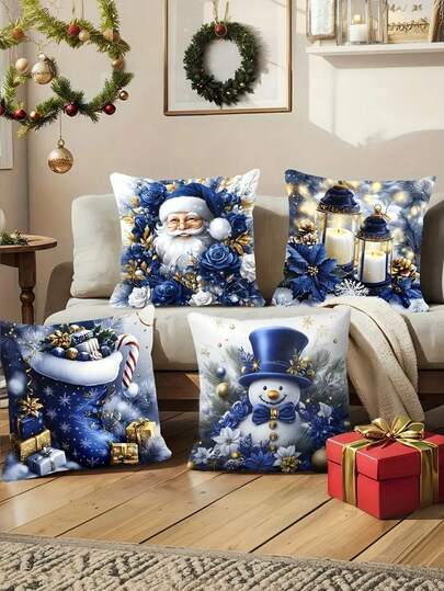 4 件深蓝色圣诞枕套，带有圣诞树和驯鹿，可机洗，17.7X17.7 英寸，带拉链 - 非常适合家庭、汽车、卧室、沙发和办公室装饰。