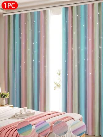 1pc Gradient Double Layer Sheer Star Curtain, 100% Polyester With Top Rings Design, Filters Light, Double Layer Protects Privacy, Darkens Room, Suitable For Bedroom, Living Room, Balcony Decor