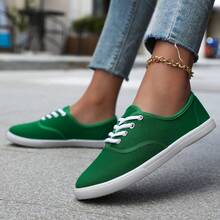 Zapatos planos de lona de unicolor para mujer, zapatos con punta redonda con cordones, transpirables y antideslizantes, zapatos planos clásicos de lona para mujer, zapatos casuales de cordones de unicolor y parte superior baja, calzado cómodo para mujer
