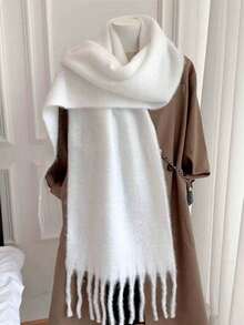 1 件纯色围巾，冬季保暖围脖，加厚羊毛针织流苏披肩，女士纯色马海毛围巾，秋冬新款一体式围脖，韩版高级加厚保暖斗篷，适合日常穿着。 - 白色 - 查看 15