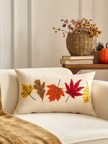 1 pieza Funda de almohada de 18 x 18 pulgadas con hojas de arce de otoño y calabaza 3D bordada en capas. Funda de almohada de estilo granja en color beige para sofá, sillón, decoración de otoño, Halloween, Acción de Gracias, otoño, decoración del hogar, vuelta al colegio, útiles escolares