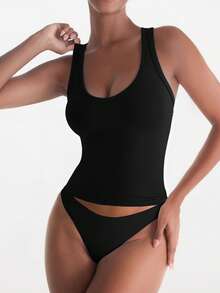 XLLAIS 女士性感黑色V领弹力运动健身基础款背心，夏季休闲款 - 黑色 - 查看 5