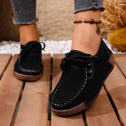 2025 Autumn New Arrival Plus Size Canvas Shoes, Solid Color Slip-On Casual Platform Loafers For Women
