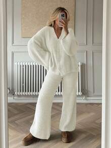 2 Pieces Set Autumn/ Winter New Women's Casual Cute Suits Loose Solid Color Button Cardigan Long-Sleeved Knitted Sweater Top Knit Pants Suitable For Daily Wear Home Loungewear Cozy Chic Fall Winter Going Out Outfits Clothes