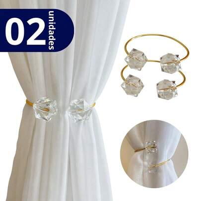 Kit 02 Prendedores de Cortina Aro dourado Com Cristal Quadrado Transparente