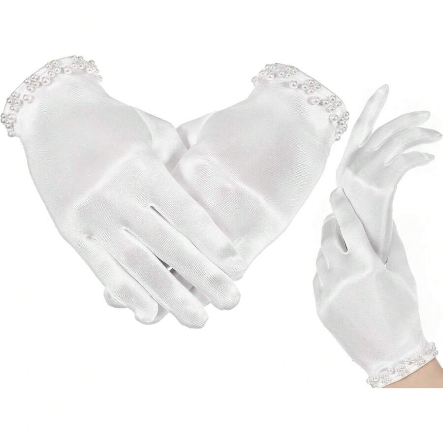 White Gloves Women Pearl Short Satin Gloves Princess Gloves White Women Uniform Gloves Wedding Tuxedo Gloves Gown Gloves Dress Gloves For Tea Party Opera Costume Prom Evening Gloves - 1 - 查看 1