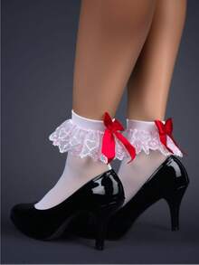 1 Pair Spring, Summer & Autumn Lace Bow Decor Low Cut Socks, Short Socks, Velvet Medium Thick Short Socks For Women, Casual Daily & School Commute Outfits, Halloween & Christmas Festive Outfits