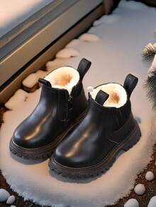 1 par de botas de tobillo bajo para niños pequeños con cierre de cremallera lateral, botas de moda de invierno para niños - Negro - Ver 4