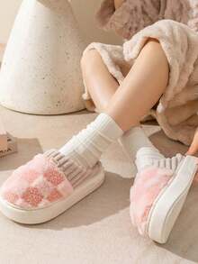 Dép đi trong nhà ấm áp mùa thu/đông, dép đi trong nhà/dép đi trong nhà chống trượt bằng vải nhung cho cặp đôi, mùa đông - Hồng - Xem 8