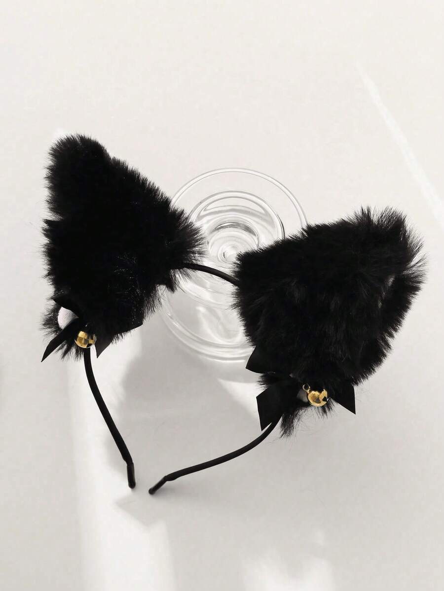 1 件哥特式新款猫耳蕾丝边毛绒头带，适合万圣节和日常使用 - 黑色 - 查看 1