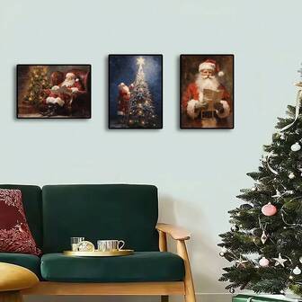 1 pieza /Set de 3 piezas Artes de pared Pósteres opcionales con marco Árbol de Navidad retro Papá Noel rústico de invierno Póster y estampados de renos Impresión en lienzo Arte de pared Imagen para decoración de sala de estar