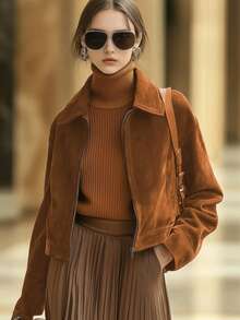 1 pieza Chaqueta corta casual y suelta de unicolor de ante sintético con bolsillo con cremallera, adecuada para el hogar, uso diario, oficina, vacaciones, citas por la noche, viajes, primavera, otoño, invierno