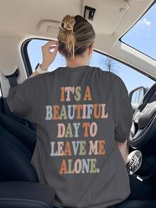 Ladies' Colorful Printed Round Neck Short Sleeved Simple Daily Summer T-Shirt. Graphic Tees Women Black Top - Dark Grey - View 5