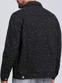 Men's Black Denim Jacket With Rhinestone Embellishment, Suitable For Spring And Autumn - 黑色 - 查看 2