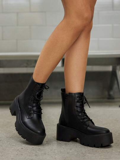 DareSee Botas de mujer, botas negras de tobillo, botas de tobillo con plataforma, botas de tacón alto con cremallera lateral, botas negras de motociclista para mujer, botas negras de combate, botas de tobillo con cordones, botas de mujer para otoño/invierno, regalos de Navidad de invierno