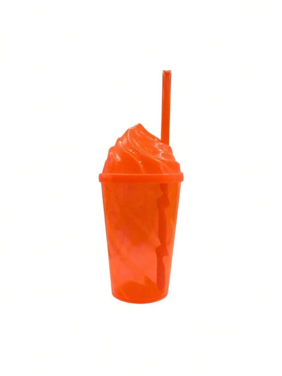 KIT 10 - COPO ACRÍLICO LISO 300ML COM TAMPA CHANTILLY E CANUDO - PARA FESTA, PERSONALIZAÇÃO, ANIVERSÁRIO - Laranja Neon Translúcido - Visão 1